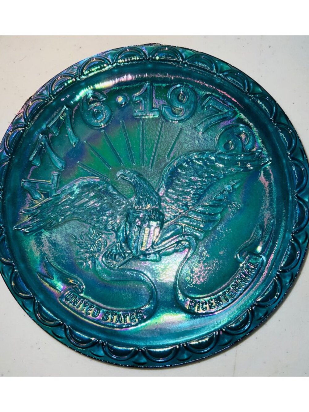 1776-1976 Blue Iridescent Glass Bicentennial Plate With Eagle Design Approx 8”
